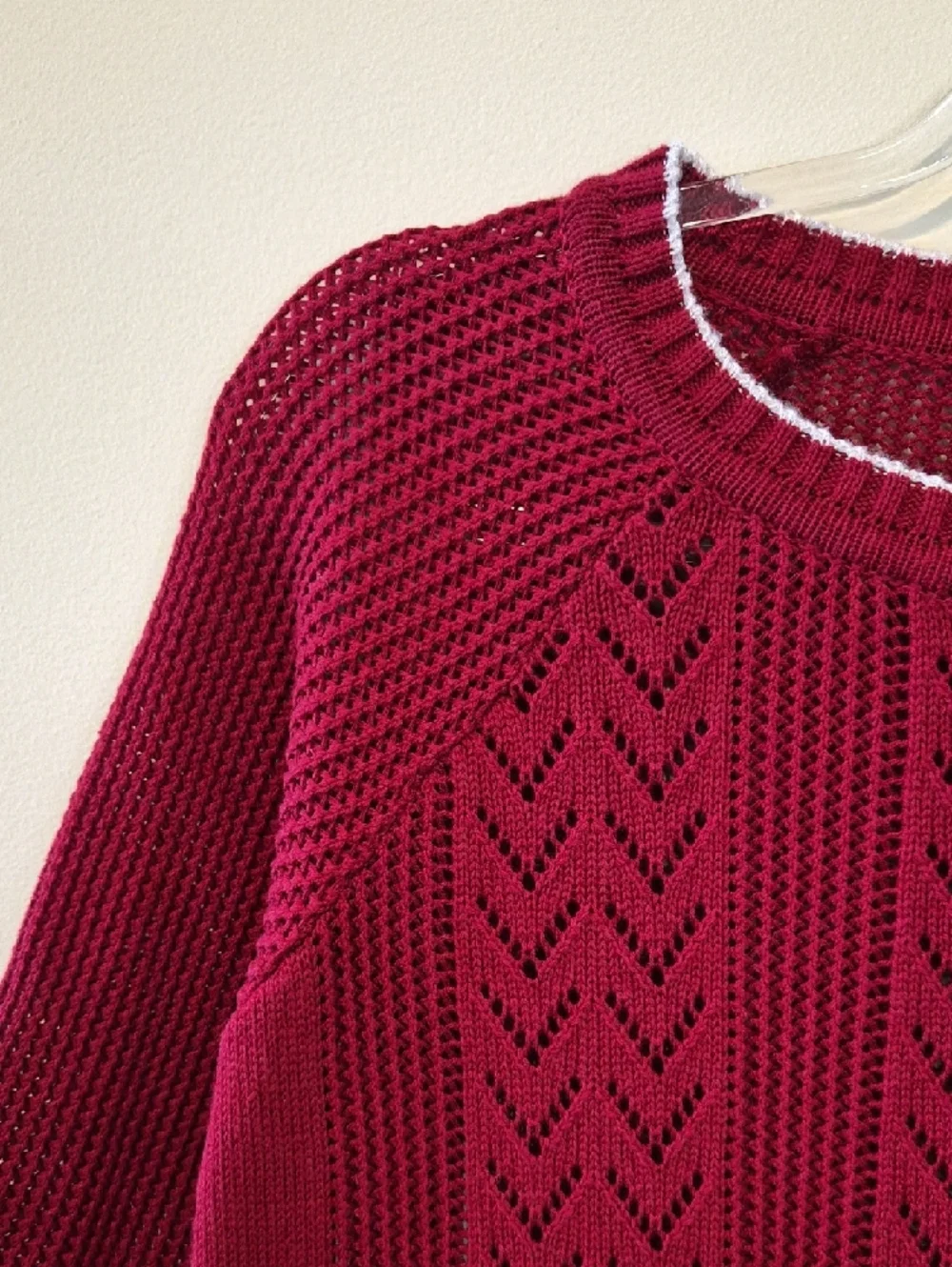 REBECCA Burgundy Open-Weave Scoop Neck Sweater with White Trim. M/L